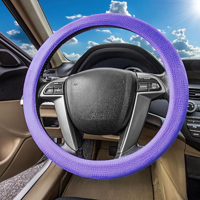 FH Group Unique Flat Cloth Full Set Car Seat Covers w. Silicone Steering Wheel Cover- Universal Fit for Most Cars, Trucks, SUVs or Vans (Purple/Black)
