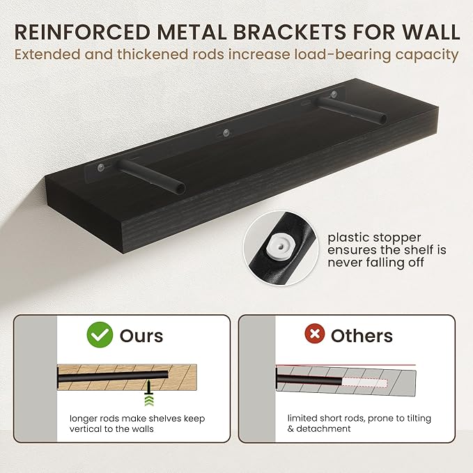 32 Inch Floating Shelves | 6.5 Inch Deep Black Floating Shelves Set of 2 | 32" W x 6.5" D Rustic Black Wood Wall Shelves with