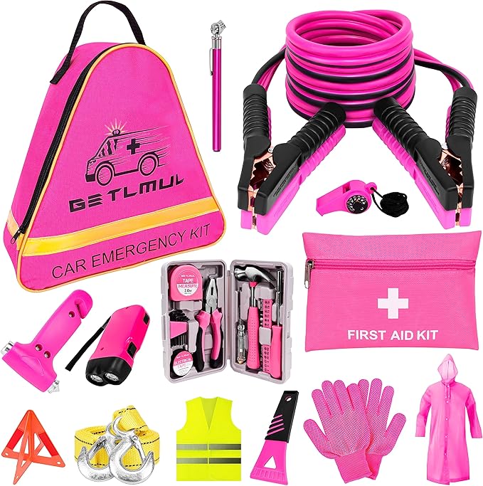 Pink Car Emergency Kit, Premium Roadside Emergency Car Accessories Kit with Jumper Cables, Flashlight, Shovel, Toolbox Set, e