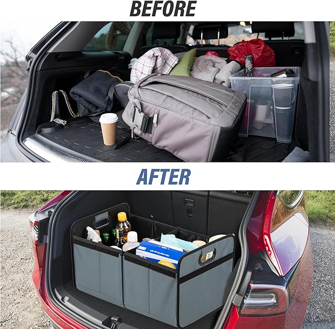 Simple Deluxe Car Trunk Organizer with Lid, Collapsible 2 Compartment 50L Automotive Storage Box with 5 Pocket, 600D Waterproo