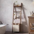 63" Bamboo Blanket Ladder with Shelf, Fabric Storage Basket and 5 Hooks, 4 Tier Leaning Blanket Rack, Farmhouse Towel Ladder 