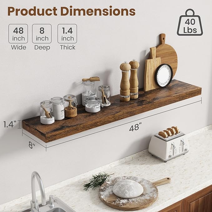 48 Inch Floating Shelves for Wall, 8 Inch Deep Floating Shelf for Storage & Display, Wall Mounted Shelf with Invisible Bracke
