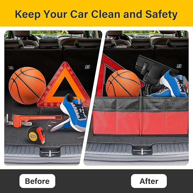 YSSOA 2 Compartments Car Trunk Organizer, 600D Oxford Polyester Car Storage, Anti-slip 14" D x 22" W x 12" H Collapsible