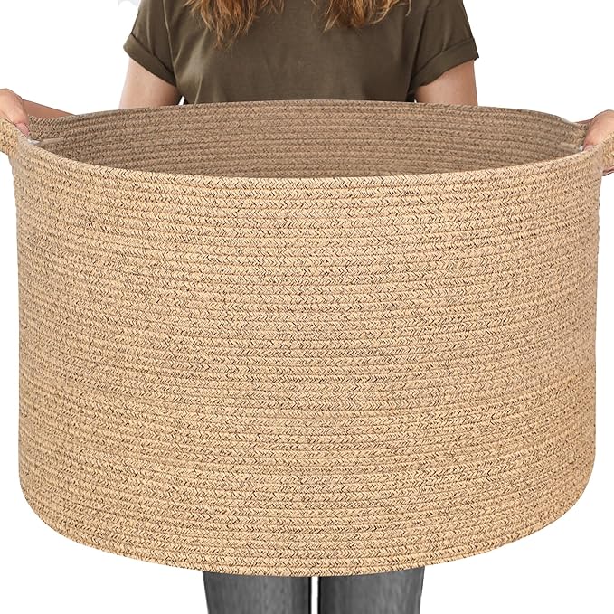 MEGASKET 115L Wicker Storage Basket, 23.6"x15.7" Woven Cotton Rope Basket, Giant Kids Dog Toy Bin Organizer, XXXL Blanket Pil