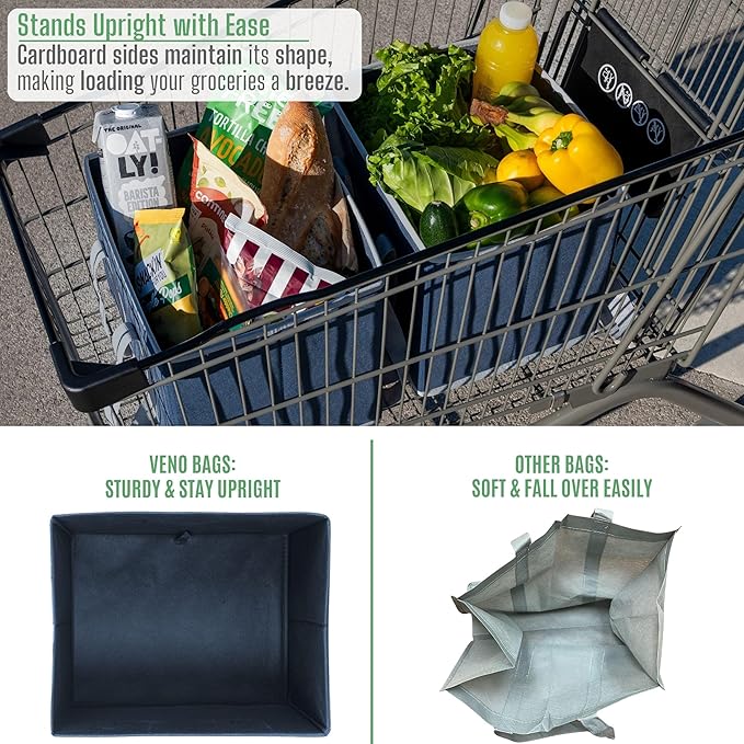 VENO 3 Pack Reusable Grocery Bags, Shopping Bags for groceries, Utility Tote with Handles and Hard Bottom, Foldable Shopping Cart Organizer, Heavy-Duty (Dark Blue, 6 Gallon-3 Pack)