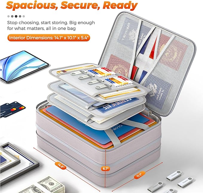 Nacial 5200℉ Fireproof Document Box with Lock, Expandable Document Organizer, Heat Insulated Fireproof Waterproof Box for Fil