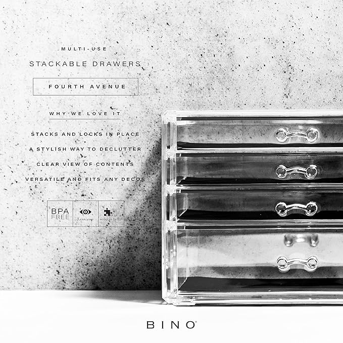 BINO THE MANHATTAN SERIES Acrylic Makeup Drawer Organizer- 4 Drawers | Clear Beauty Organizers and Storage| Cosmetic & Drawer