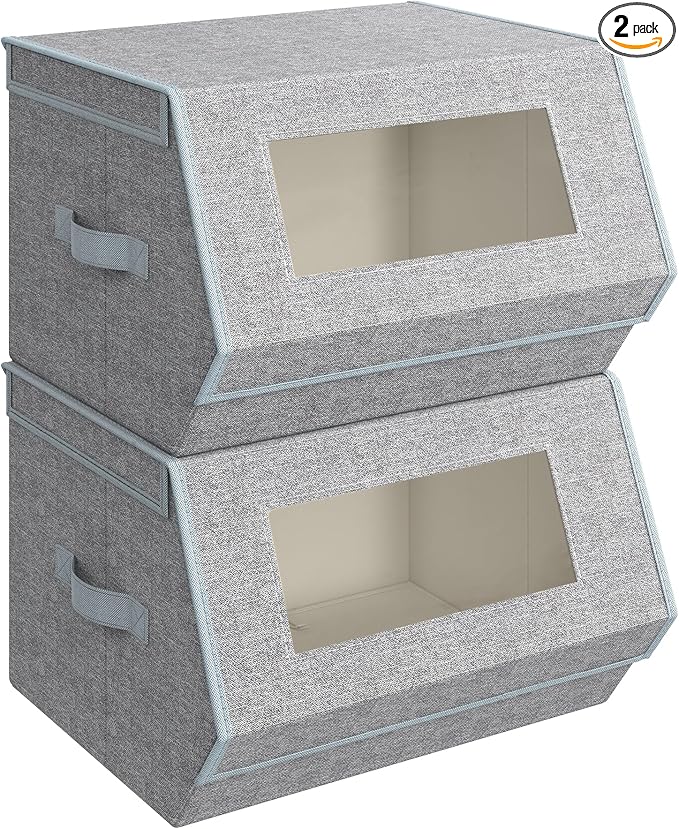 SONGMICS Stackable Storage Bins Set of 2, Storage Boxes with Lids and Front Windows, Non-Woven Fabric Closet Organizers with 