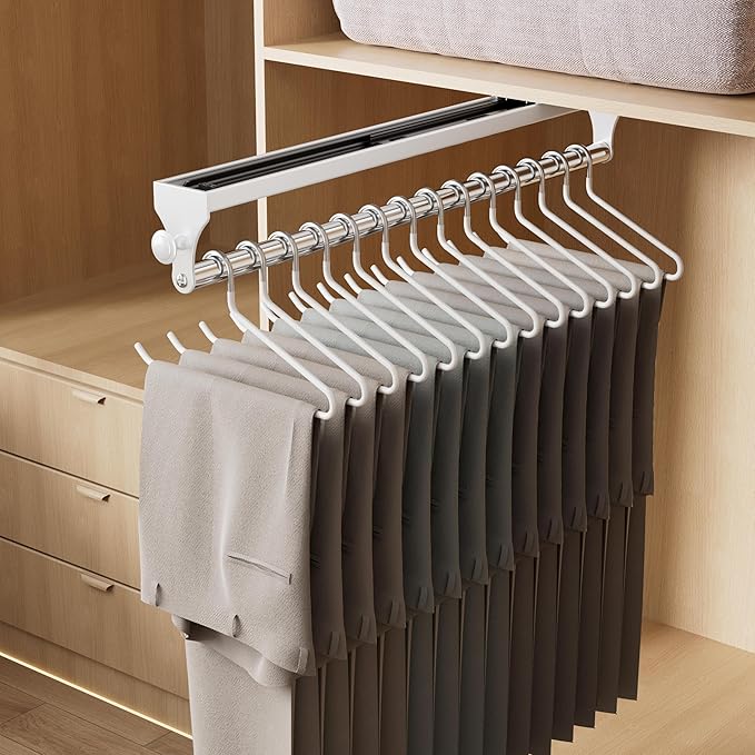 Pull Out Closet Rod, 15.7inch Heavy Duty Pants Rack, Adjustable Clothes Hanger Rail, Space Aluminum Valet Rod, Top Mounted Wa