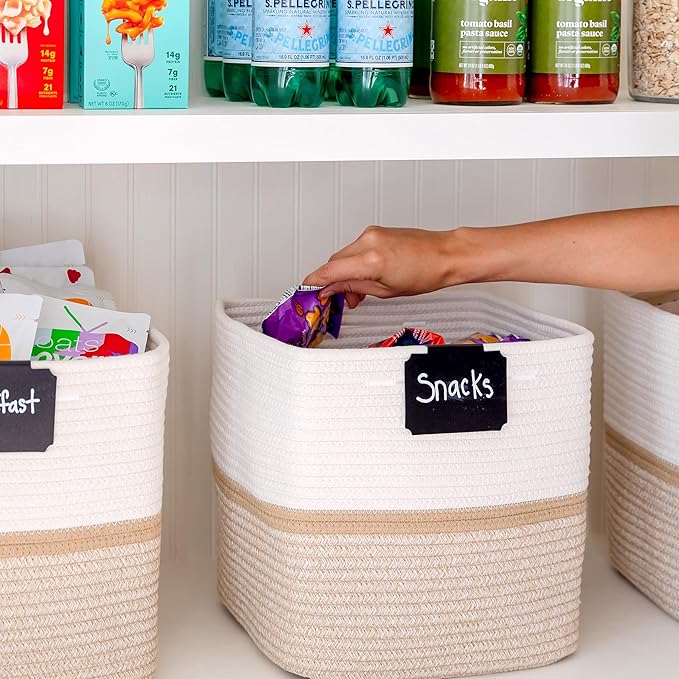 NaturalCozy Storage Cubes 11 Inch Cotton Rope Woven Baskets for Organizing, 3-Pack | Cube Storage Bin | Square Storage Basket