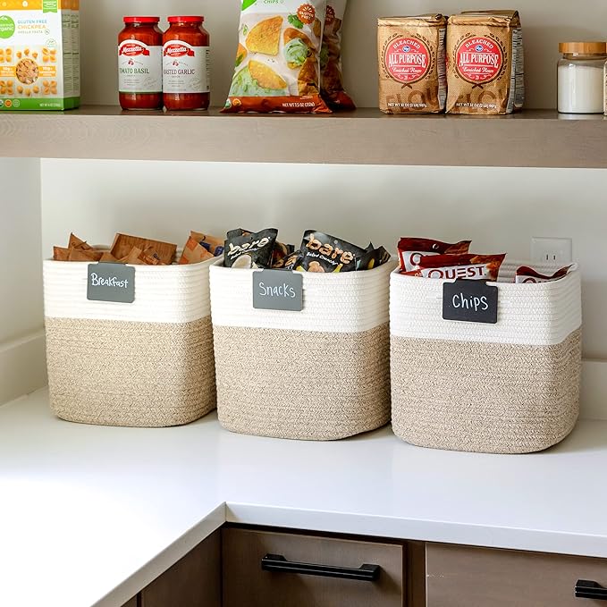 NaturalCozy Storage Cubes 11 Inch Cotton Rope Woven Baskets for Organizing, 3-Pack | Cube Bin Square Shelves Organizer, Class