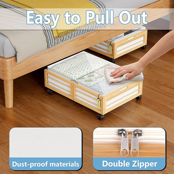 Under Bed Storage Containers with Wheels, Larger Bamboo Wood Under Furniture Storage Containers with Dust Bags，Rolling for Sh