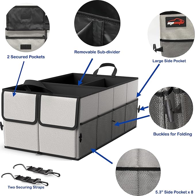 EPAuto Foldable Car Trunk Organizer for SUV, 3-Compartment with Removable Divider, Gray