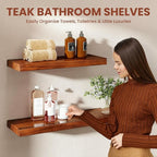 Teak Floating Shelves Set of 2-32 Inch Natural Waterproof Wood Wall Shelves with Invisible Brackets for Bathroom, Kitchen, Ba
