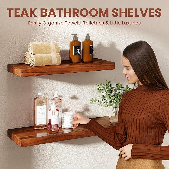 55 Inch Solid Wood Floating Shelf - 100% Solid Teak Wood Wall Shelf with Invisible Brackets - Waterproof Natural Wood Shelves