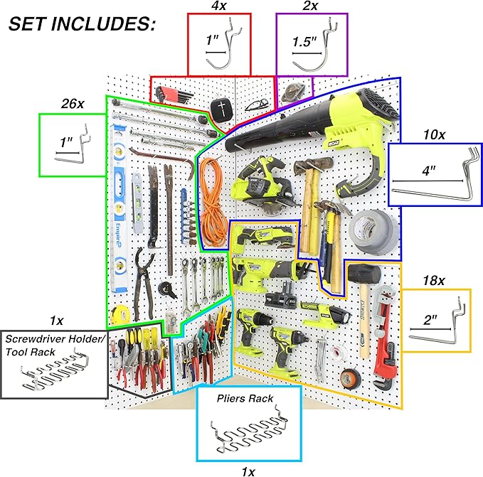 Peg Board Hooks for Hanging Tools Assortment – Tool Organization Accessories Kit – Organizer Set of 1 inch, 2 inch, 4 inch L 