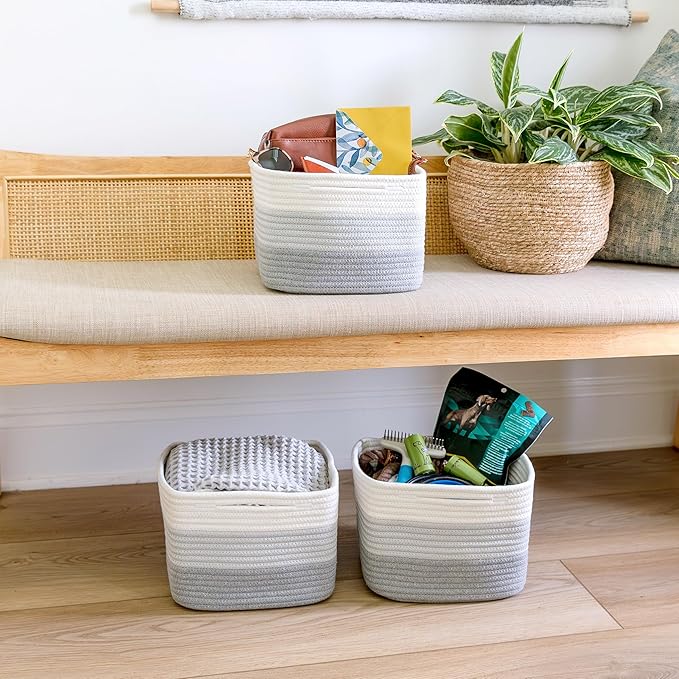 NaturalCozy Storage Cubes 9”x9”x7”Cotton Rope Woven Baskets for Organizing 3-Pack | 9 Inch Cube Storage Bin | Small Basket fo