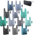 BeeGreen Reusable Foldable Shopping Totes with Handles,12 Pack Heavy Duty Polyester Fabric Geometry Grocery Bags, Large Fashion Reusable Bags for Travel & Groceries, Washable Cloth Bag Bulk