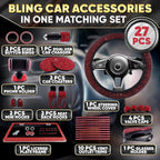 Red Bling Car Accessories Set, 27 Pieces Car Interior Set Including Steering Wheel Cover, Diamond License Plate Frame, Phone Holder, Coasters, Hooks, Great Gift for Women Drivers
