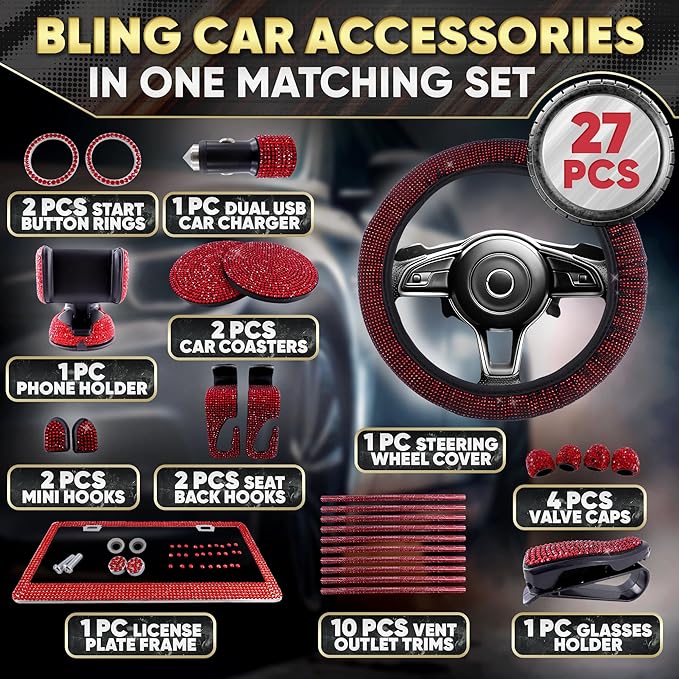 Red Bling Car Accessories Set, 27 Pieces Car Interior Set Including Steering Wheel Cover, Diamond License Plate Frame, Phone Holder, Coasters, Hooks, Great Gift for Women Drivers