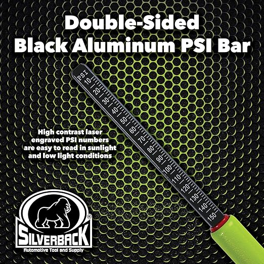 Silverback Hi-Visibility Green Dual Foot Commercial Truck Tire Pressure Gauge, Recalibratable. Heavy Duty Stick Gauge with Black Metal Bar, Range 10-150 PSI in 2 PSI Increments.