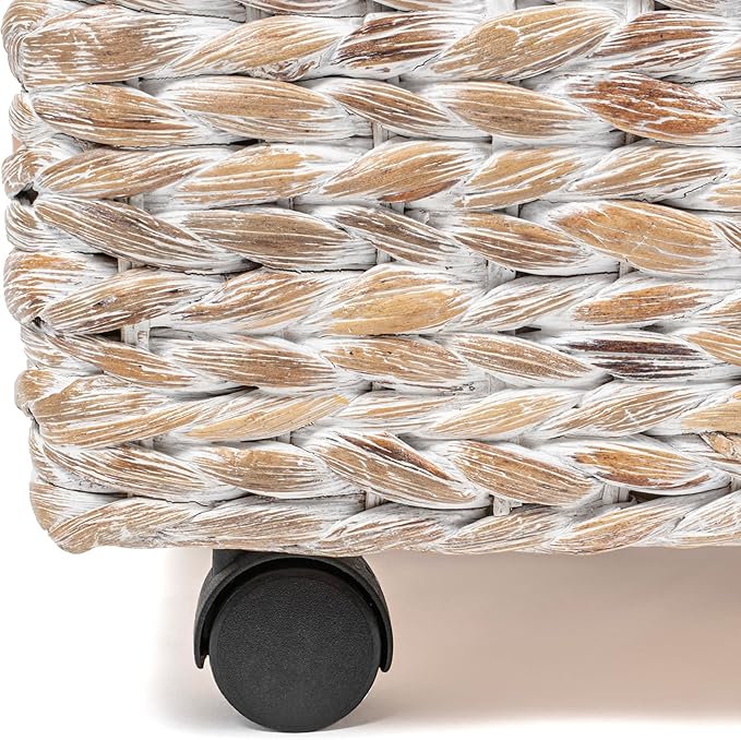 happimess BSK1006C 26.38" Chett Minimalist Hand-Woven Hyacinth/Wood Underbed Storage Bin with Wheels and Handles for Storage 
