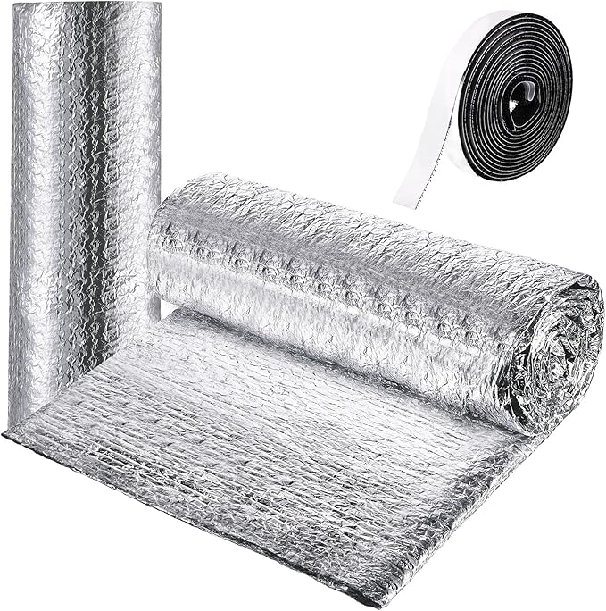 Frienda Rv Window Reflective Insulation Roll 47.2inch*15ft Double Aluminum Foil Heat Bubble Thermal Window Shade Door Cover Blackout for Garage Roof Travel Camper Skylight Shield
