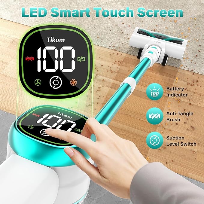 Tikom V500 Cordless Vacuum Cleaner for Home, 40000Pa/450W Stick Vacuum with LED Touch Screen, Charging Wall Dock, Anti-Tangle