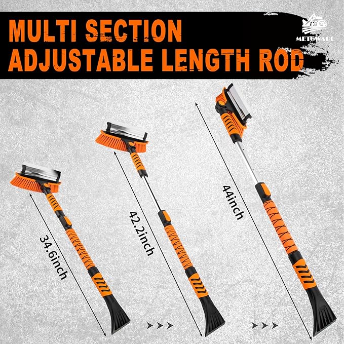 METOWARE 44'' Snow Brush and Ice Scrapers for Car Windshield, Extendable Snow Brush for Car with Ergonomic Foam Grip and 360° Pivoting Brush Head for Car SUV Truck