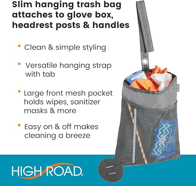 High Road TrimTrash Hanging Car Garbage Bag - Slim and Leakproof Car Trash Bag with Magnetic Closure and Storage Pocket - Attaches to Seat, Glovebox or Console