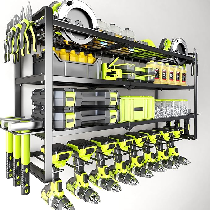 Large Power Tool Organizer Wall Mount, Garage Storage Cordless Tool Organizer with Screwdriver Holder, Heavy Duty Metal Stora