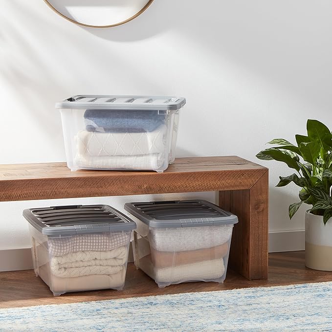 Amazon Basics Plastic Storage Containers with Secure Latching Lids, Stackable Organization Bins, Clear/Grey, 32 Quart, Set of