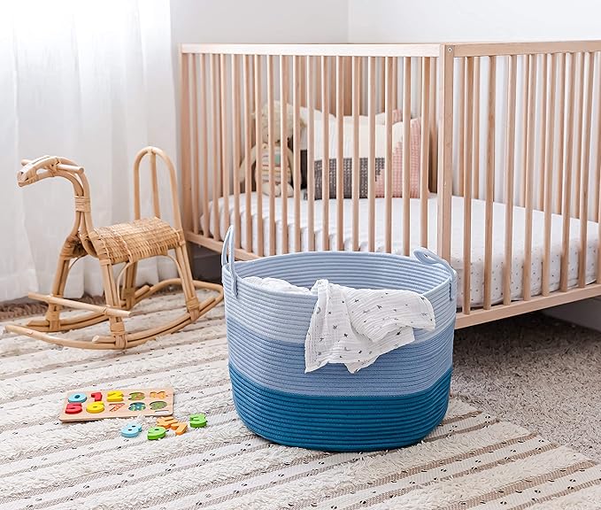 OrganiHaus Large Woven Storage Basket for Blankets and Toys 20" x 13" Inch, Rope Laundry Basket with Handles, Cushions & Pill