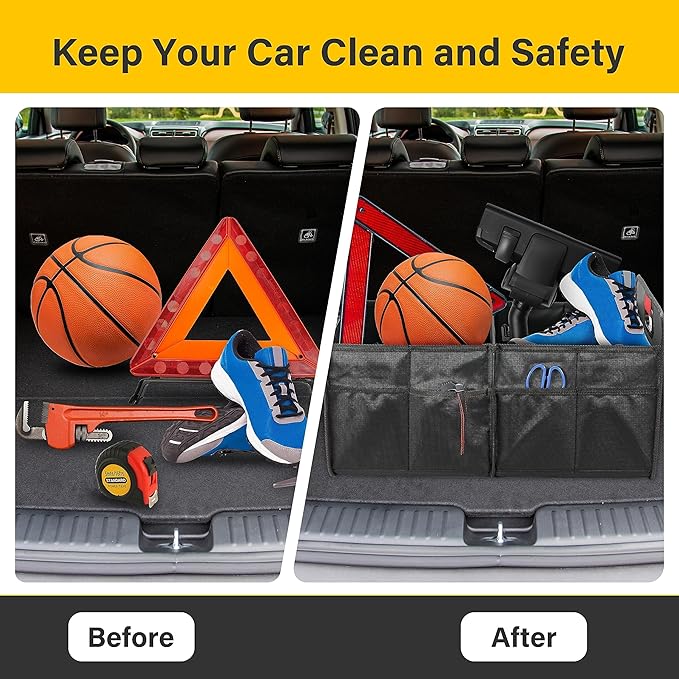 YSSOA Car Trunk Organizer, Collapsible 2 Compartment Non Slip Bottom, Waterproof Car Storage Box, 600D Oxford Polyester Sturdy