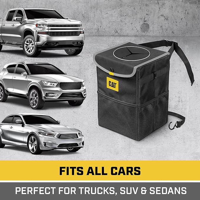 CAT® Car Trash Can & Ice Cooler – 2.4 Gallon Hanging Organizer with Anti-Spill Lid, Leak-Proof Waterproof Liner, Multi-Use Vehicle Bin for Cars, Trucks, SUVs – Heavy-Duty Travel Accessory