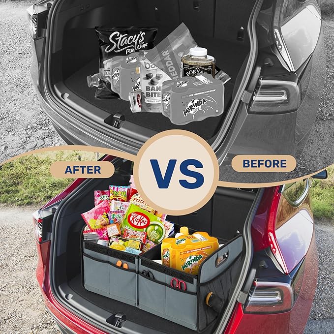 YSSOA Car Trunk Organizer with Lid, Collapsible 2 Compartment Automotive Storage Box, 600D Waterproof Oxford Polyester 50L