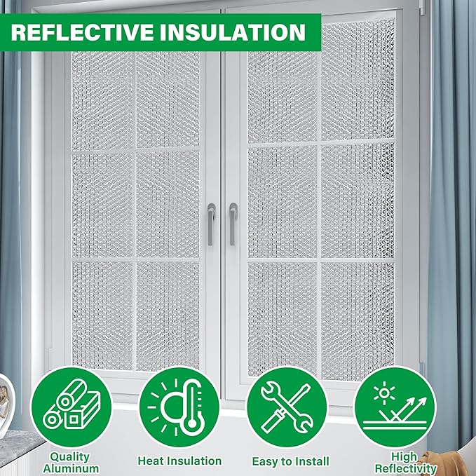 winemana Window Insulation Roll, 48IN x 15FT Reflective Heat Shield Bubble Film, Double-Sided Aluminum Foil Insulation, Weatherproof Garage Door Cover for Windows, RV, Basement, Winter & Summer