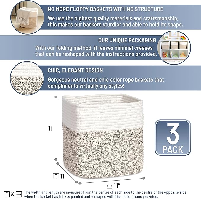 NaturalCozy Storage Cubes 11 Inch Cotton Rope Woven Baskets for Organizing, 3-Pack | Cube Bin Square Shelves Organizer, Class