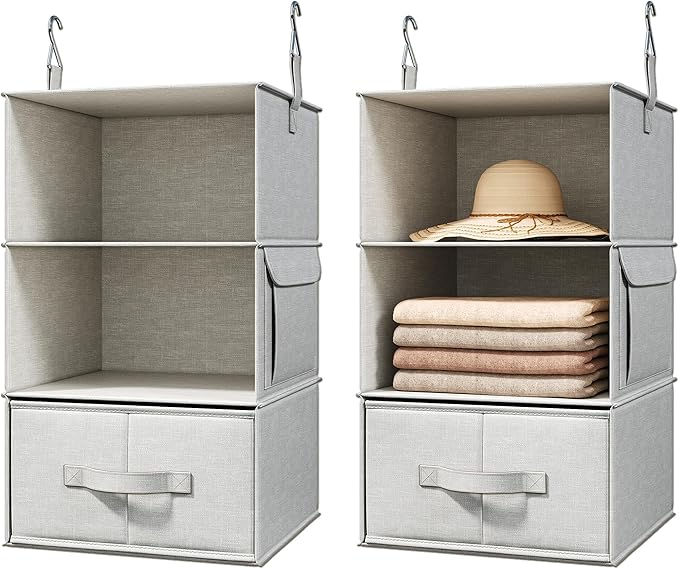 Vailando 3-Shelf Hanging Closet Organizer, Set of 2 Hanging Shelves with 2 Drawers for Wardrobe, Nursery, Baby Clothes Storag