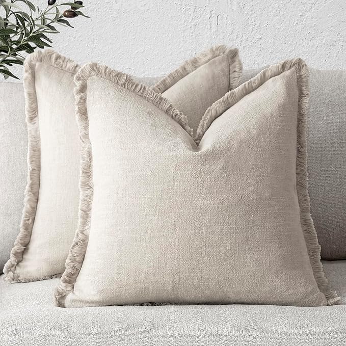 Foindtower Set of 2 Decorative Linen Fringe Throw Pillow Covers Cozy Boho Farmhouse Cushion Cover with Tassels Soft Accent Pi