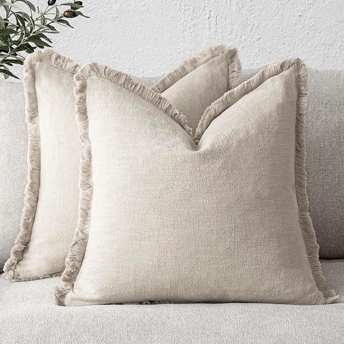 Foindtower Set of 2 Decorative Linen Fringe Throw Pillow Covers Cozy Boho Farmhouse Cushion Cover with Tassels Soft Accent Pi