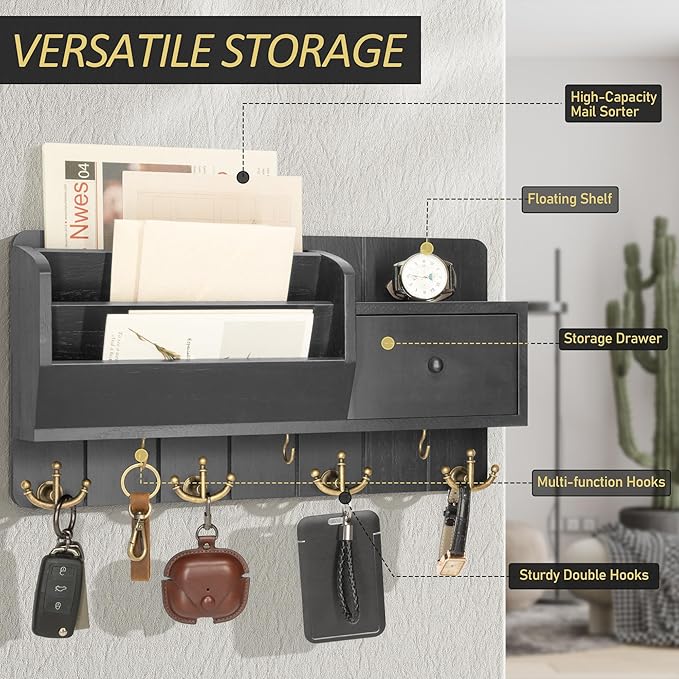 Rebee Vision Key Holder Wall Mount with Mail Sorter - Decorative Mail Organizer for Wall with Key Hooks and Drawer Organizer 