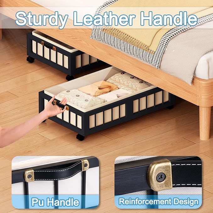 efluky 2-Pack Bamboo Under Bed Storage Containers with Wheels, Under Bed Clothes Storage Basket with Large Dust Bag, Rolling 