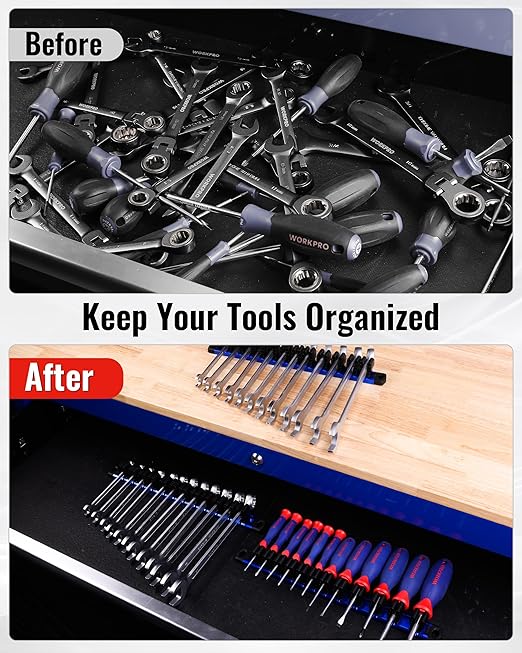 WORKPRO Magnetic Screwdriver Organizer and Wrench Organizer, Aluminum Rail Magnetic Tool Organizers, Tool Holder, Tool Box Or