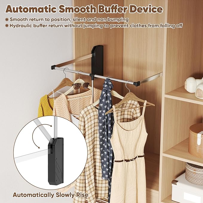 Pull Down Closet Rod, 60 lbs Load Capacity Adjustable 26-35 Inches Stainless Steel Soft-Close Wardrobe Lift with Two-way Buff