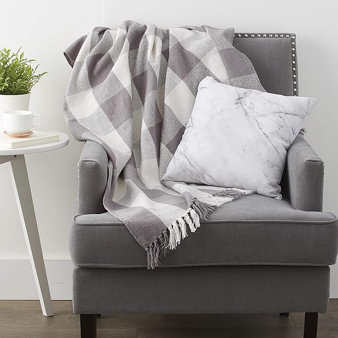 DII Buffalo Check Collection Rustic Farmhouse Throw Blanket with Tassles, 50x60, Gray/White