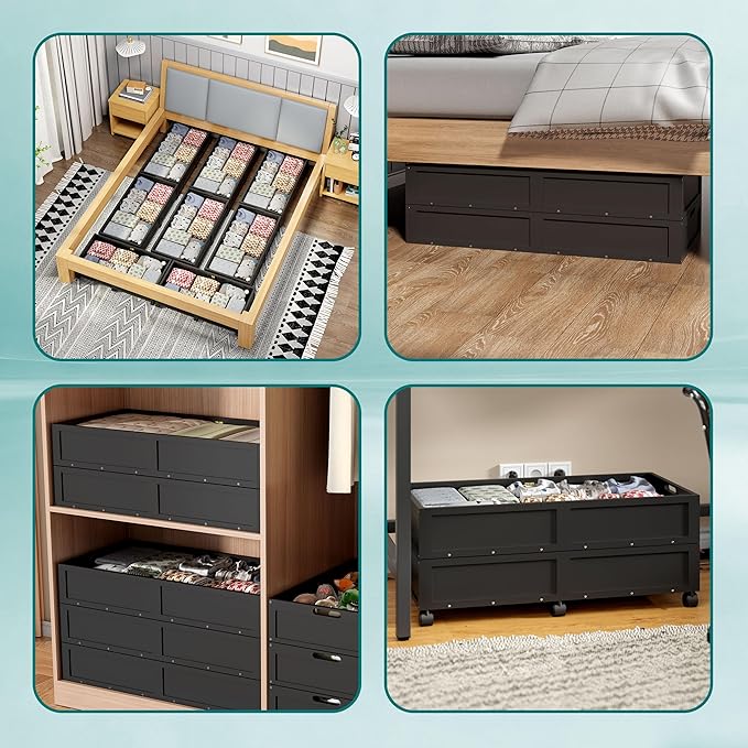 Wood Under Bed Storage Containers Underbed Organizer with Wheels Sturdy Wood Rolling Under Bed Shoe Storage Organizer 2 Packs