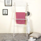 MyGift 63 Inch Wooden Blanket Ladder, White Quilt Towel Holder Rack, Wall Leaning 4 Rungs and 6 Pegged Hooks Farmhouse Decora