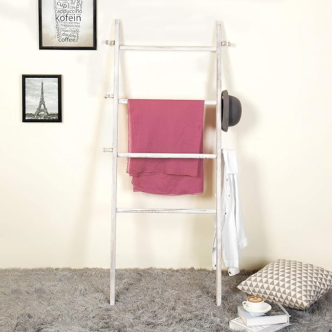 MyGift 63 Inch Wooden Blanket Ladder, White Quilt Towel Holder Rack, Wall Leaning 4 Rungs and 6 Pegged Hooks Farmhouse Decora