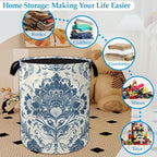 Vintage Blue Floral Laundry Basket Collapsible Laundry Hamper Clothes Toy Storage Bin for Bathroom Bedroom Room Decor 16" X 2